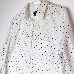 Jcrew white button up pop over navy blue polkadot